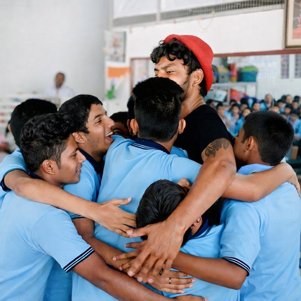 Students hugging Jothi after a school session